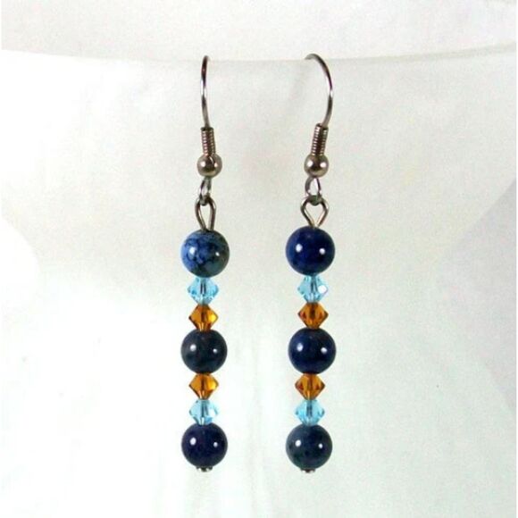 Blue Sodalite Dangle Earrings with Crystal, Boho Gemstone Jewelry, Gift for Her - Picture 1 of 8